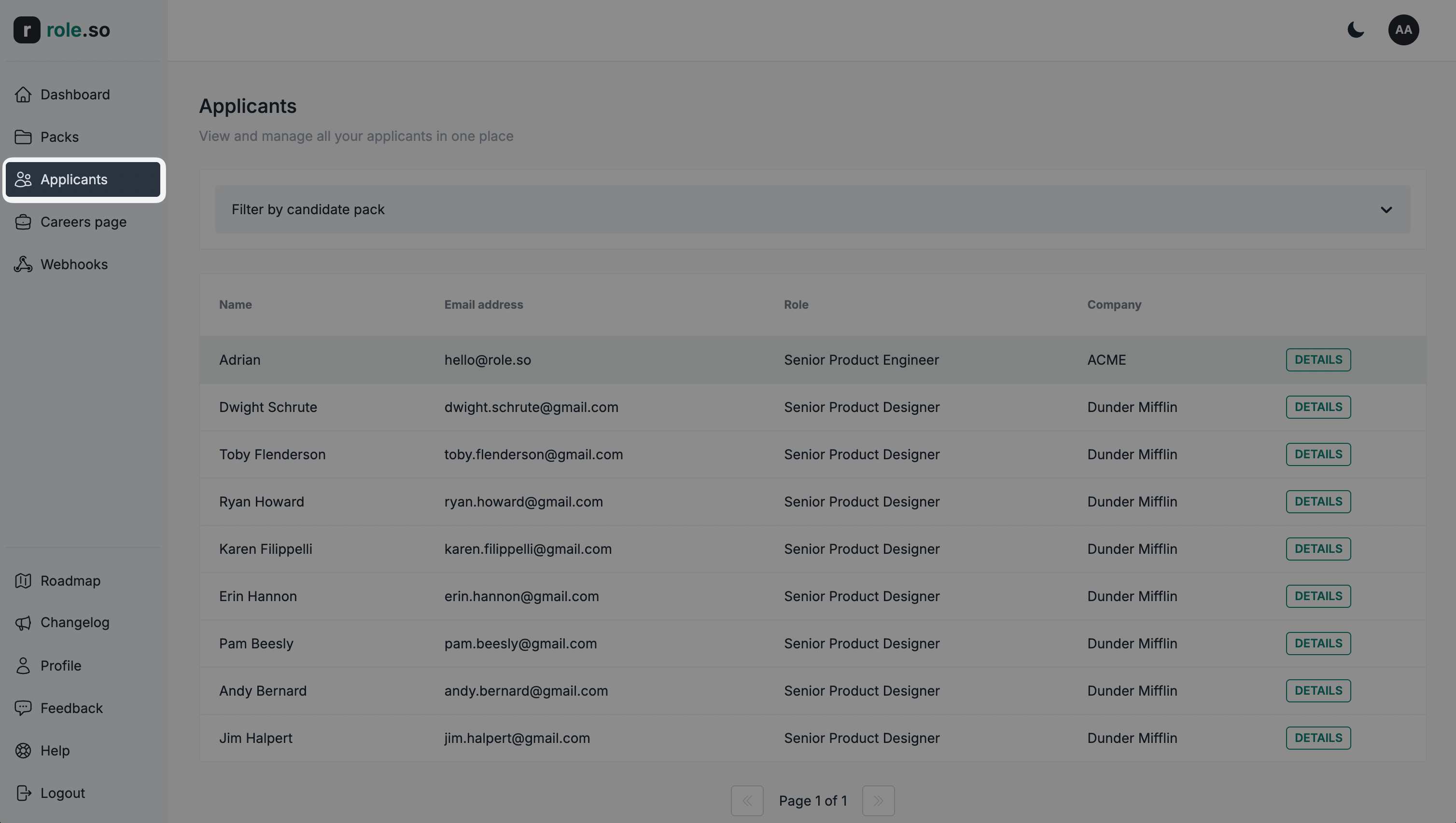 Applicants dashboard