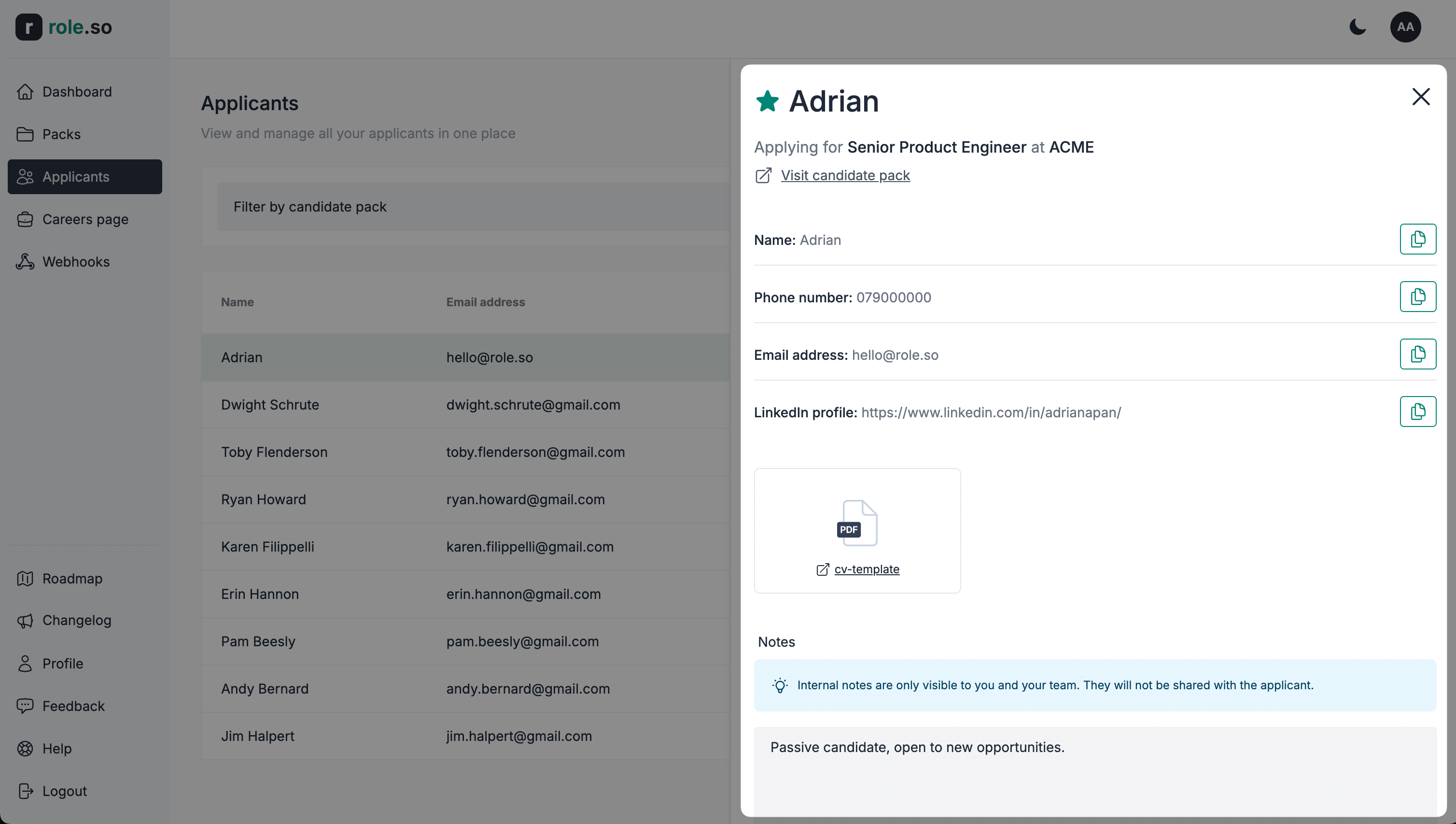 Applicant details view