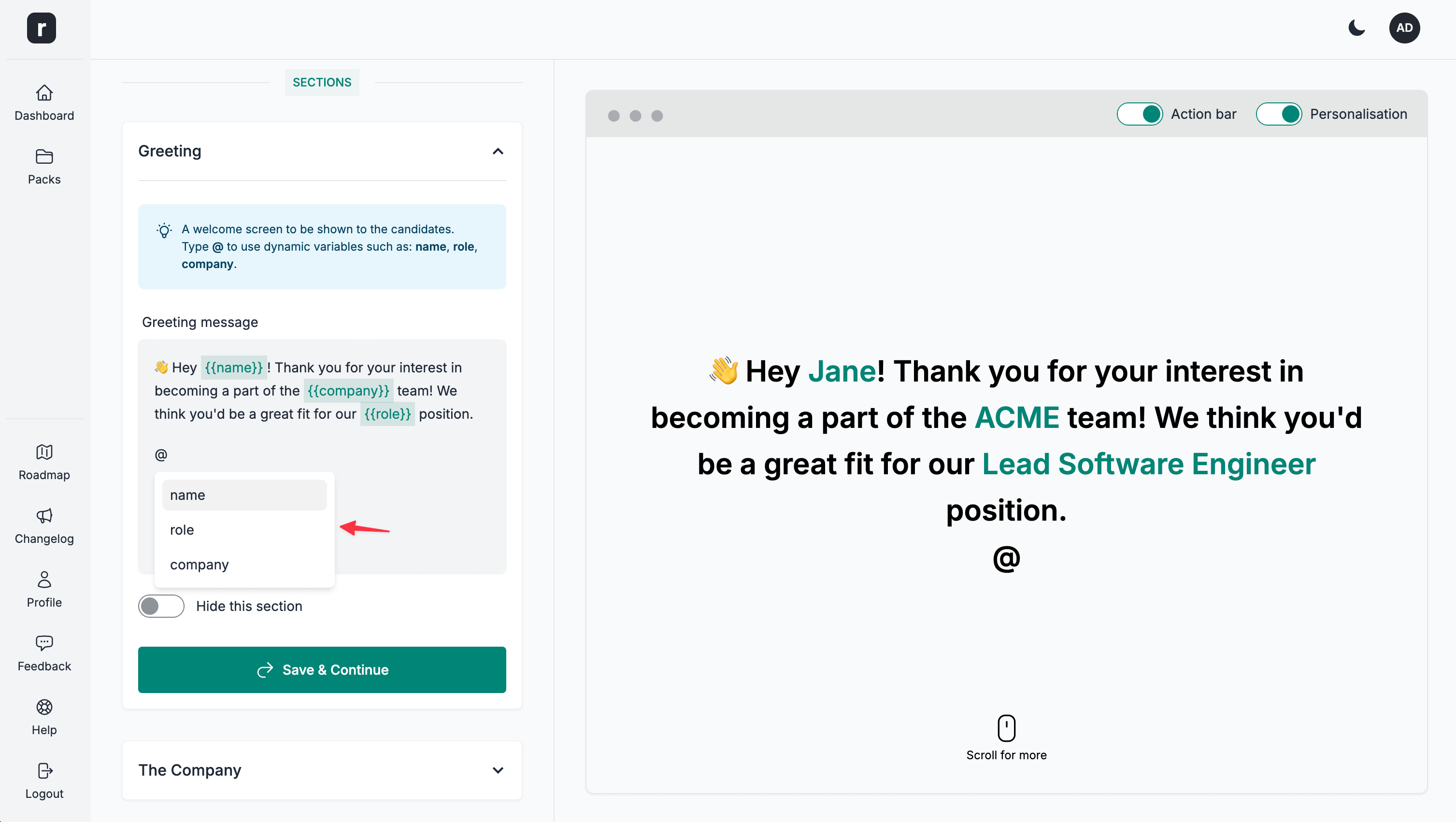 Dynamic variables menu