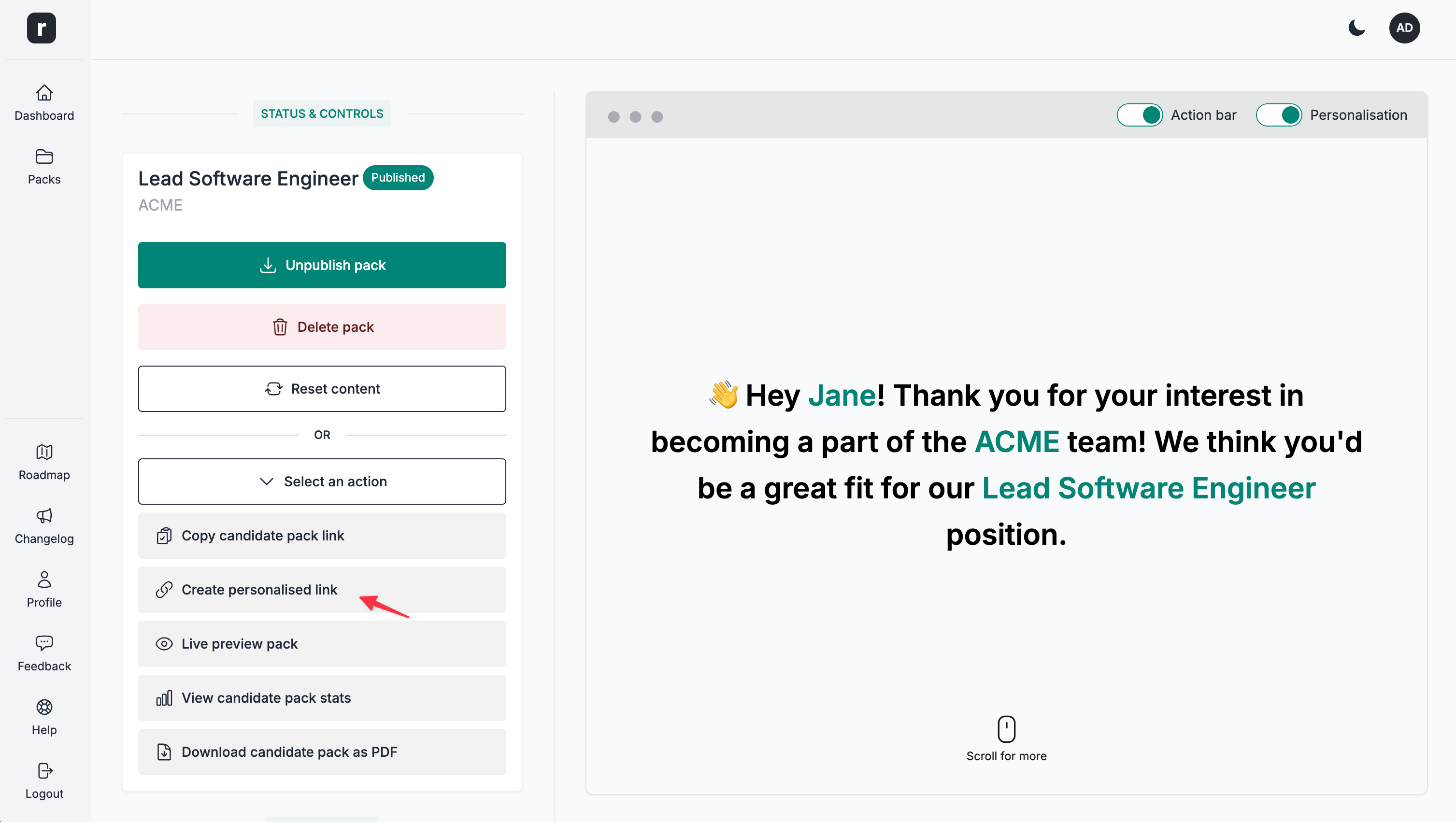 Click personalised link