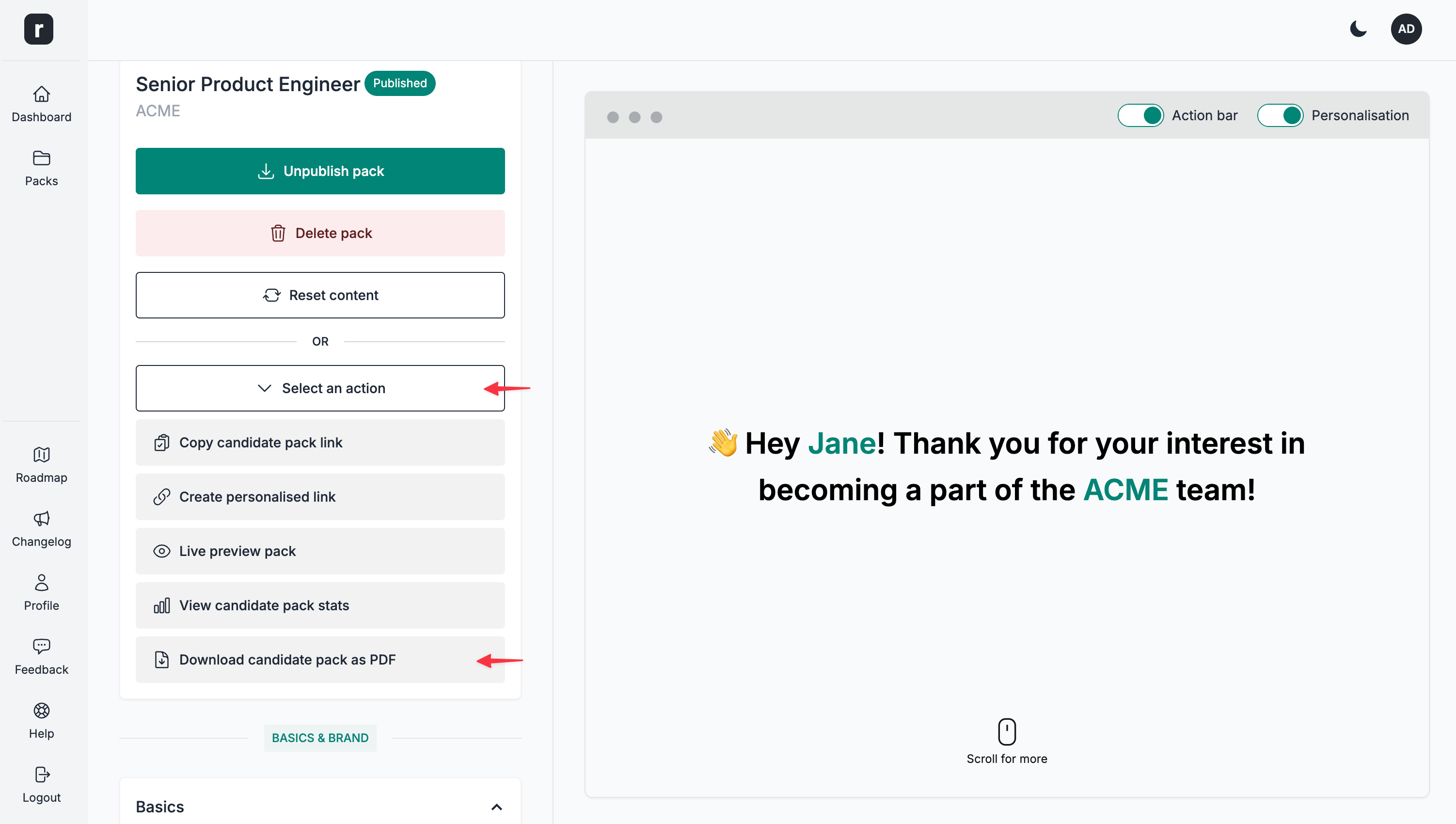 Downloading a candidate pack as PDF, on the candidate pack editor page