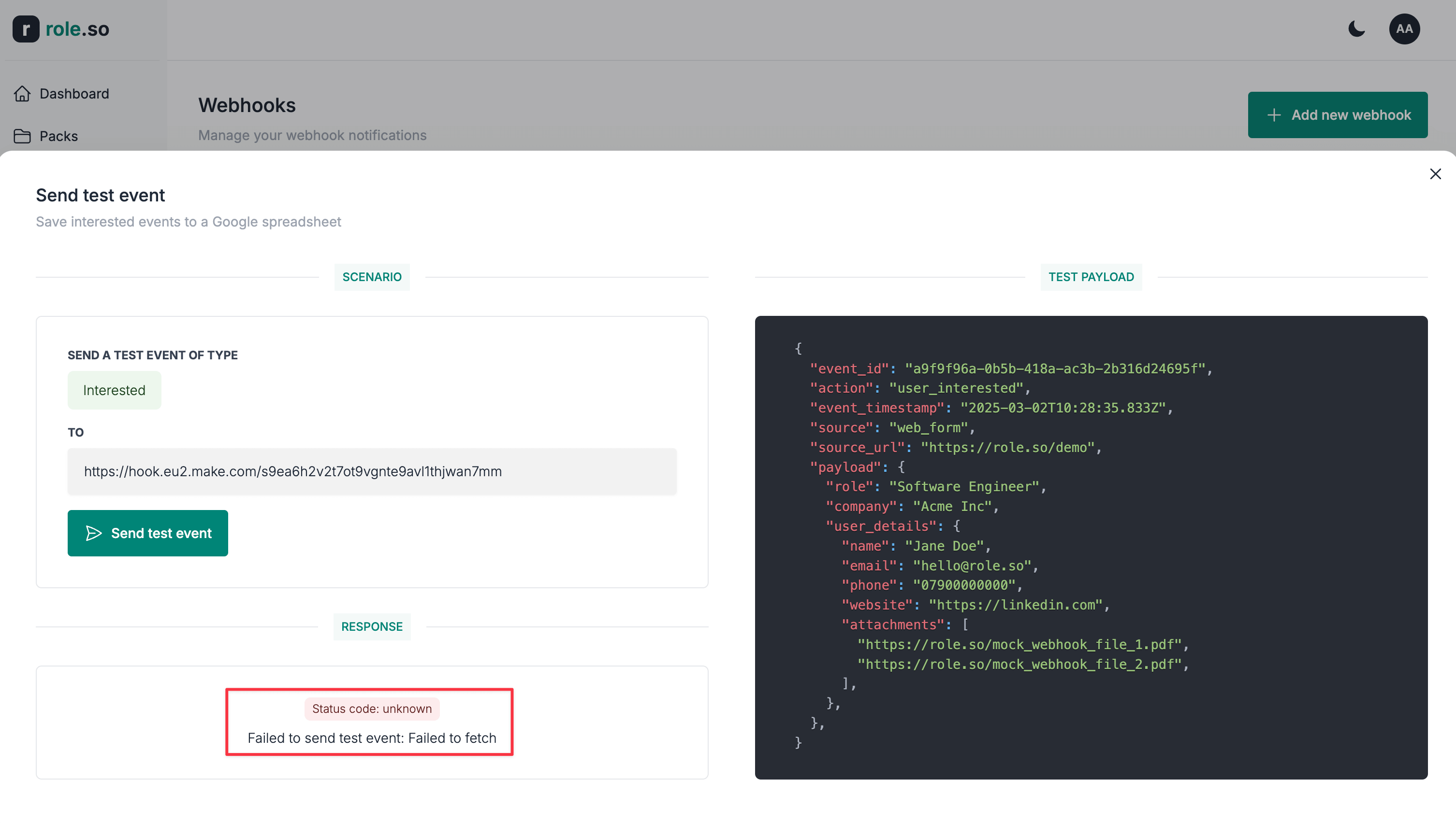 Failed response example